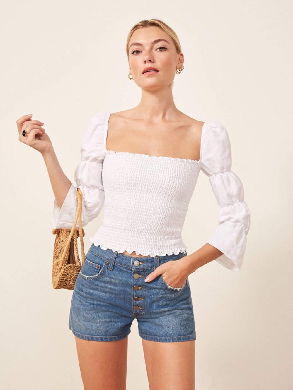 REFORMATION Gala White Viscose Linen Blend Smocked Marie Sleeve Blouse, Size S